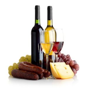 Wine, grapes, cheese an sausage isolated on white (Demo)